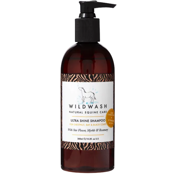 Brown bottle of Wild Wash Ultra Shine Shampoo on a white background